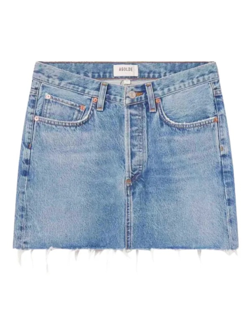 Agolde Light Blue Denim Mini Skirt with Raw Hem